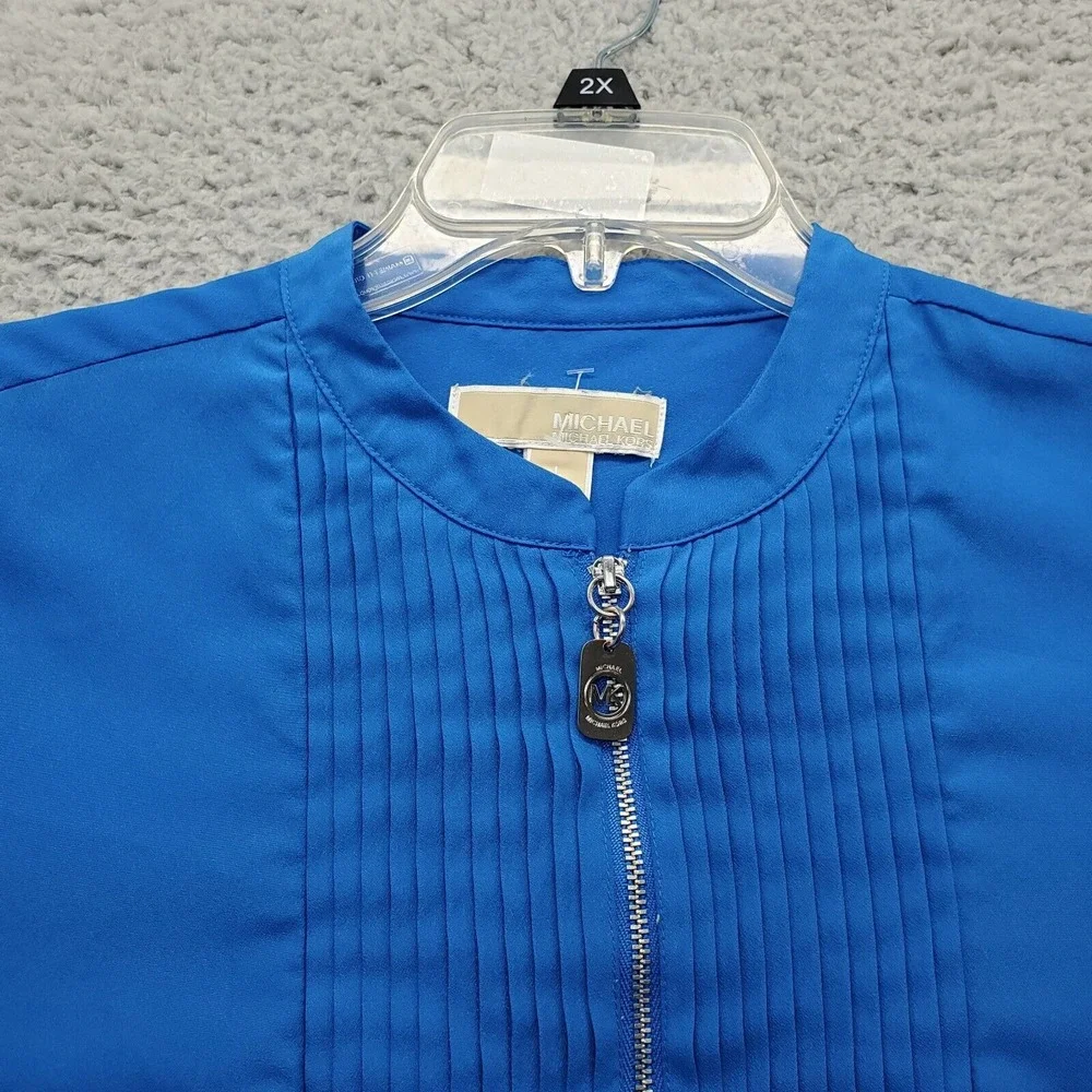 Michael Kors Blouse Top Womens Large Blue Pleated Roll Tab‎ Long Sleeve 1/2 Zip